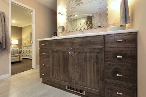 Interior Design Kelowna - Creative Touch - Ensuite bathroom distressed wood treatment on vanity