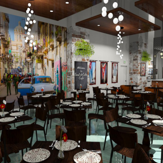 An animated render of the dining area in the new Soul de Cuba restaurant, with white walls and creative mural paintings of a city, twinkling modern chandeliers, aqua coloured and wooden accents and large floor to ceiling windows,designed by Creative Touch Interiors.