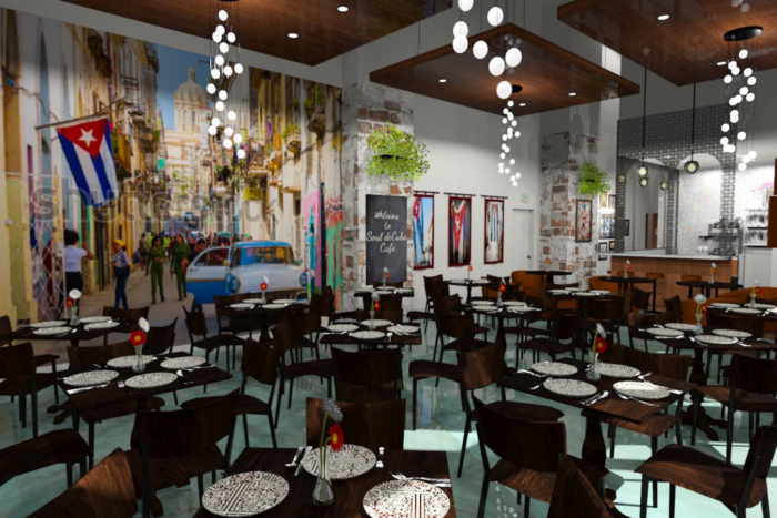 An animated render of the dining area in the new Soul de Cuba restaurant, with white walls and creative mural paintings of a city, twinkling modern chandeliers, aqua coloured and wooden accents and large floor to ceiling windows,designed by Creative Touch Interiors.