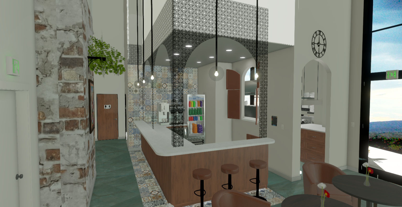 An animated render of the new Soul de Cuba restaurant bar with white and grey tile, stonework, aqua colour accents and modern furnishing, designed by Creative Touch Interiors.