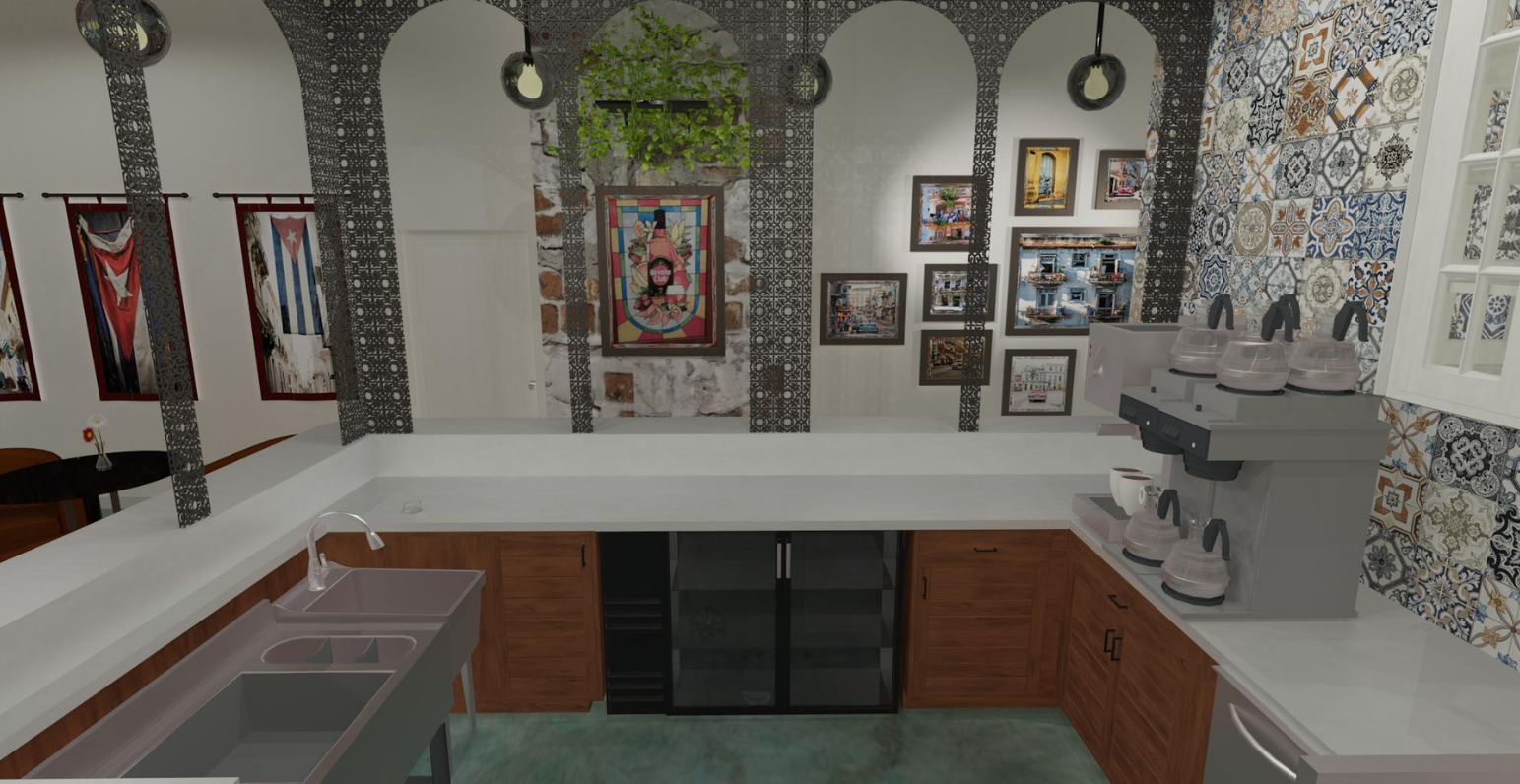An animated render of the view from behind the bar at the new Soul de Cuba restaurant, which has modern archway designs, white countertops and wooden accents with luxury finishes, designed by Creative Touch Interiors.