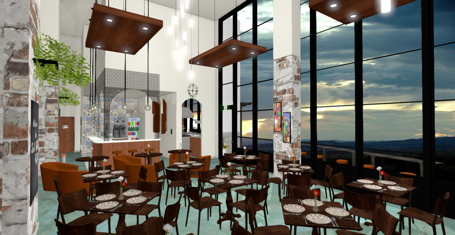 An animated render of the new Soul de Cuba restaurant dining room with dark wooden chairs and tables, bright lights and modern chandeliers, and white and aqua coloured accents, designed by Creative Touch Interiors.