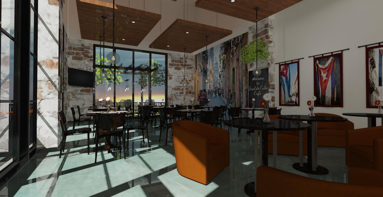 An animated render of the new Soul de Cuba restaurant dining area with modern and luxury finishes, and spacious windows, designed by Creative Touch Interiors.