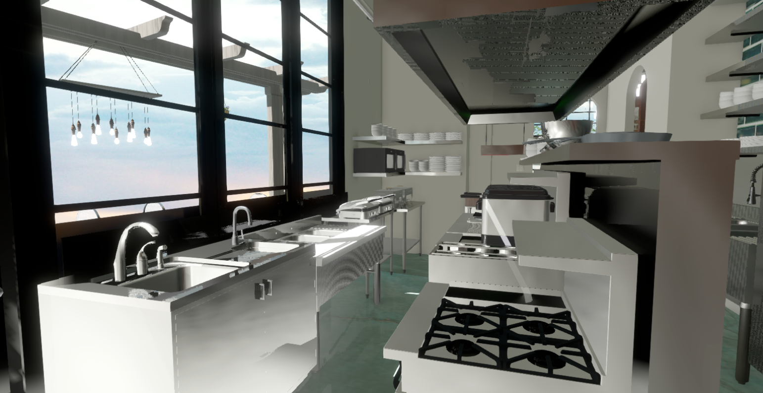 An animated render of the brightly lit and modern kitchen at the new Soul de Cuba restaurant with large windows and modern touches, designed by Creative Touch Interiors.