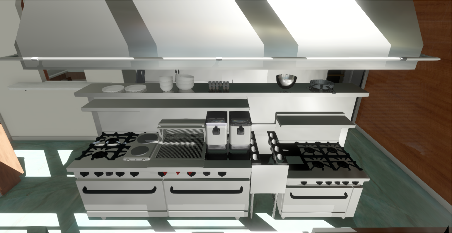 An animated render of the stainless steel frying and stove top cooking area in the new Soul de Cuba restaurant with modern touches and luxury finishes, designed by Creative Touch Interiors.